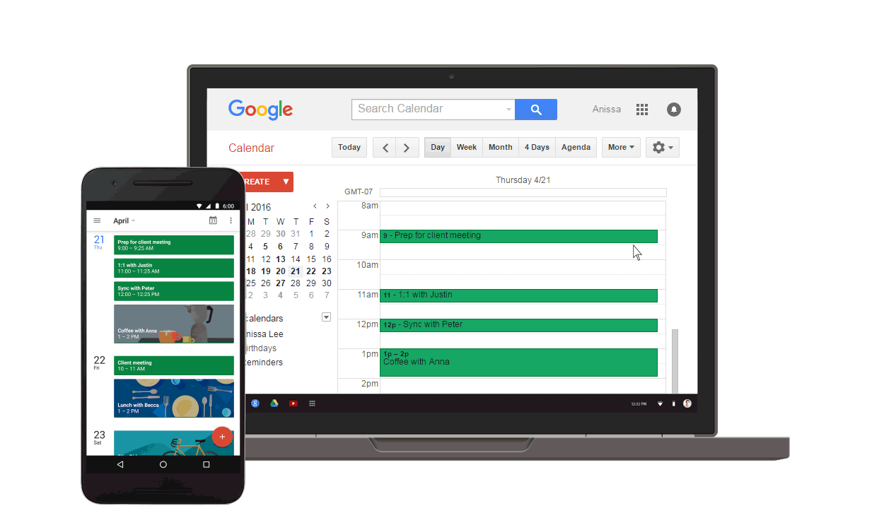 Animation af Google Kalender der synkroniserer på forskellige enheder